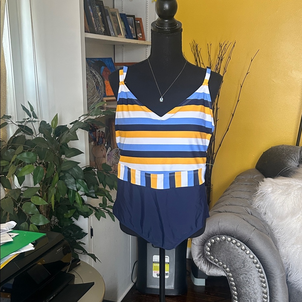 Kona Sol Blue and Yellow Striped One Piece - Picture 3 of 9